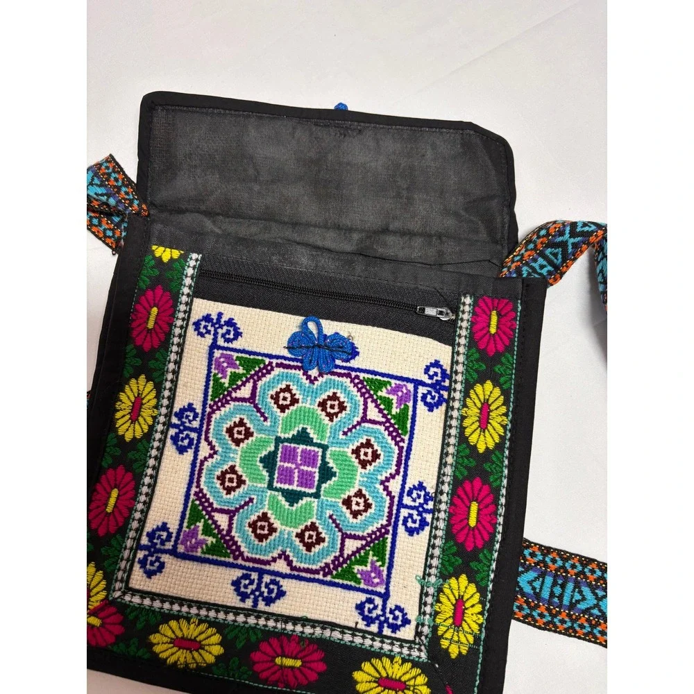 Hmong Embroidered Crossbody Bag Floral Boho Tribal Needlepoint Messenger Purse